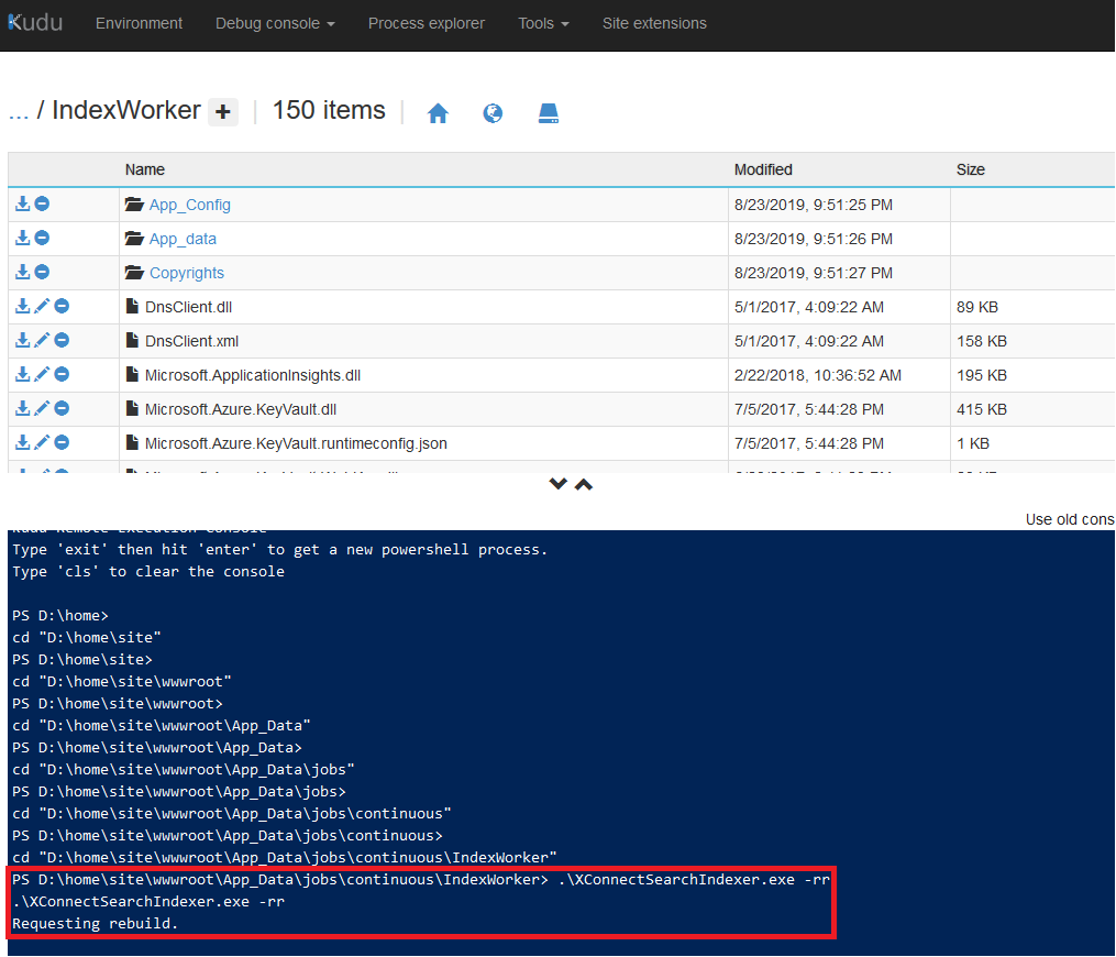 Azure Kudu xConnectsearchindexe.exe -rr Powershell Blog Vinicius Deschamps