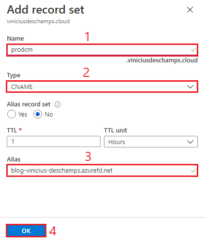 azure dns add record set azure front door cname blog vinicius deschamps