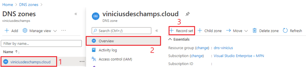 azure dns new record set blog vinicius deschamps