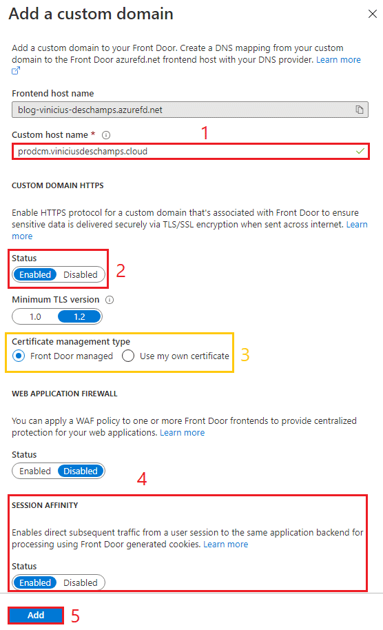 azure front door add a custom domain after adding dns cname blog vinicius deschamps