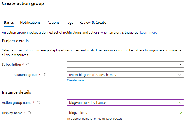 azure create action group blog vinicius deschamps