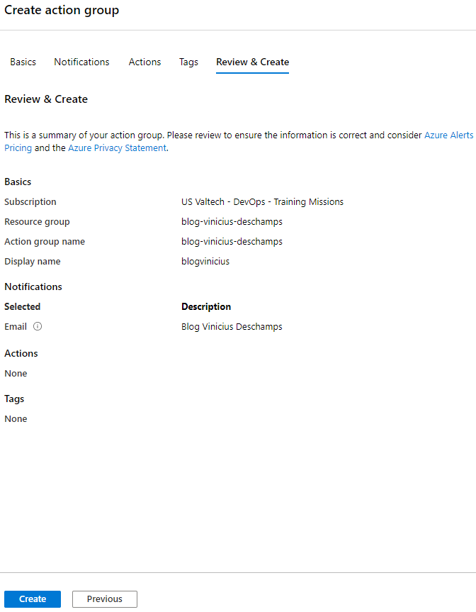 azure create action group create blog vinicius deschamps