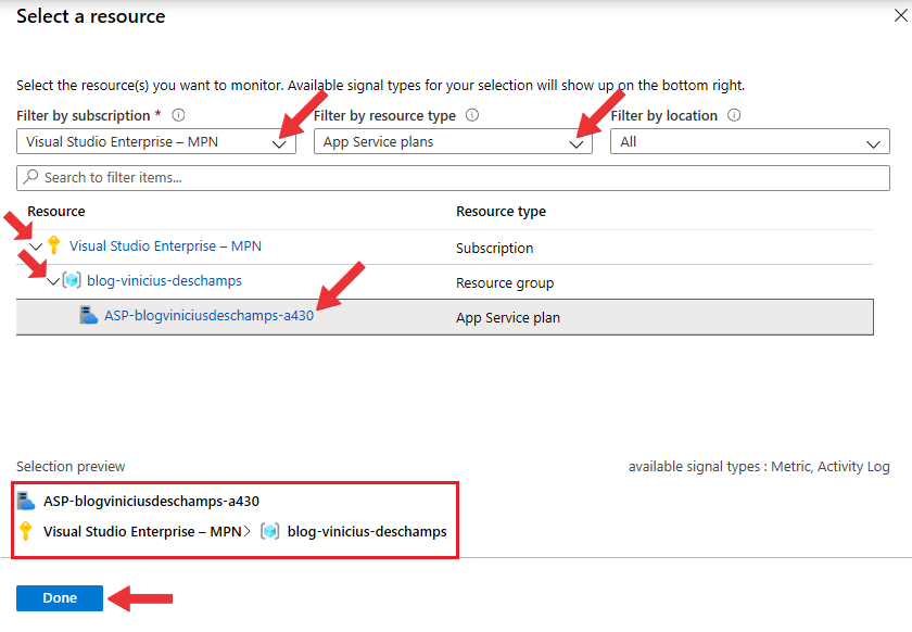 azure create alert select a resource app service plan blog vinicius deschamps