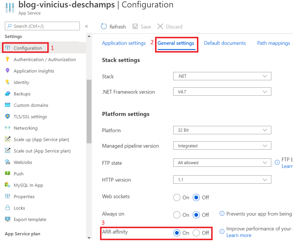 azure app service configuration general settings arr affinity on blog vinicius deschamps