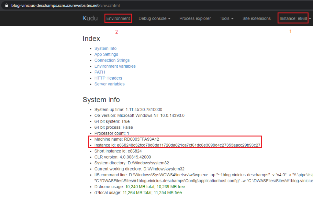 azure kudu environment information instance 1 blog vinicius deschamps