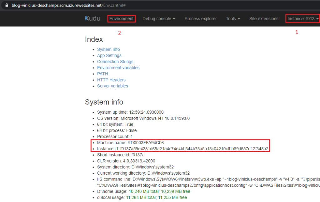 azure kudu environment information instance 2 blog vinicius deschamps