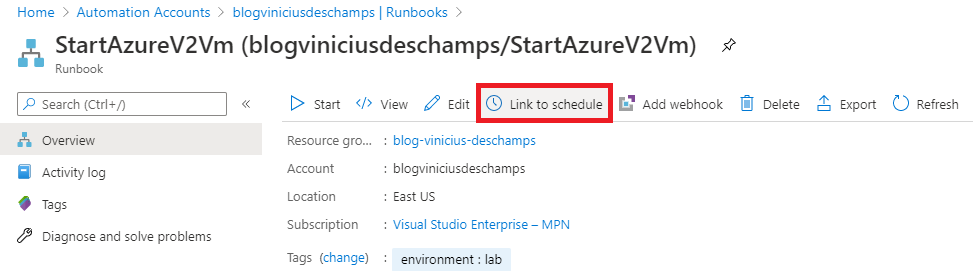 azure automation accounts runbooks link to schedule blog vinicius deschamps