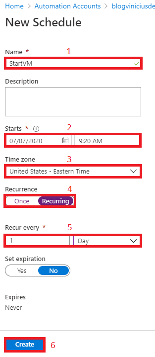 azure automation accounts runbooks link to schedule schedule runbook new schedule configured blog vinicius deschamps