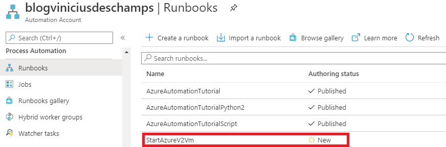 azure automation accounts runbooks startazurev2vm new runbook blog vinicius deschamps