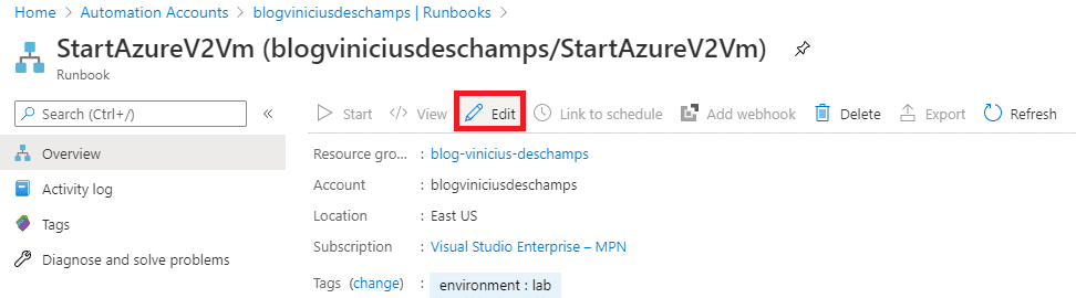 azure automation accounts runbooks startazurev2vm new runbook edit blog vinicius deschamps