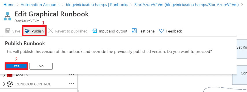 azure automation accounts runbooks startazurev2vm new runbook edit graphical runbook publish blog vinicius deschamps