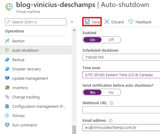 azure virtual machine operations auto shutdown configured save blog vinicius deschamps