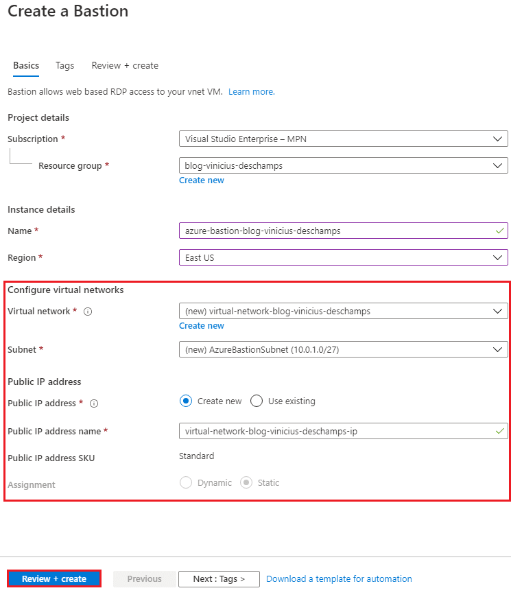 azure bastion create a bastion configure virtual networks blog vinicius deschamps