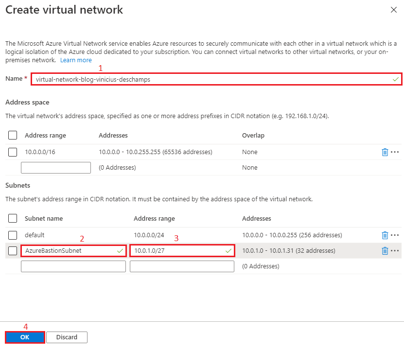 azure bastion create a bastion create virtual network azurebastionsubnet blog vinicius deschamps