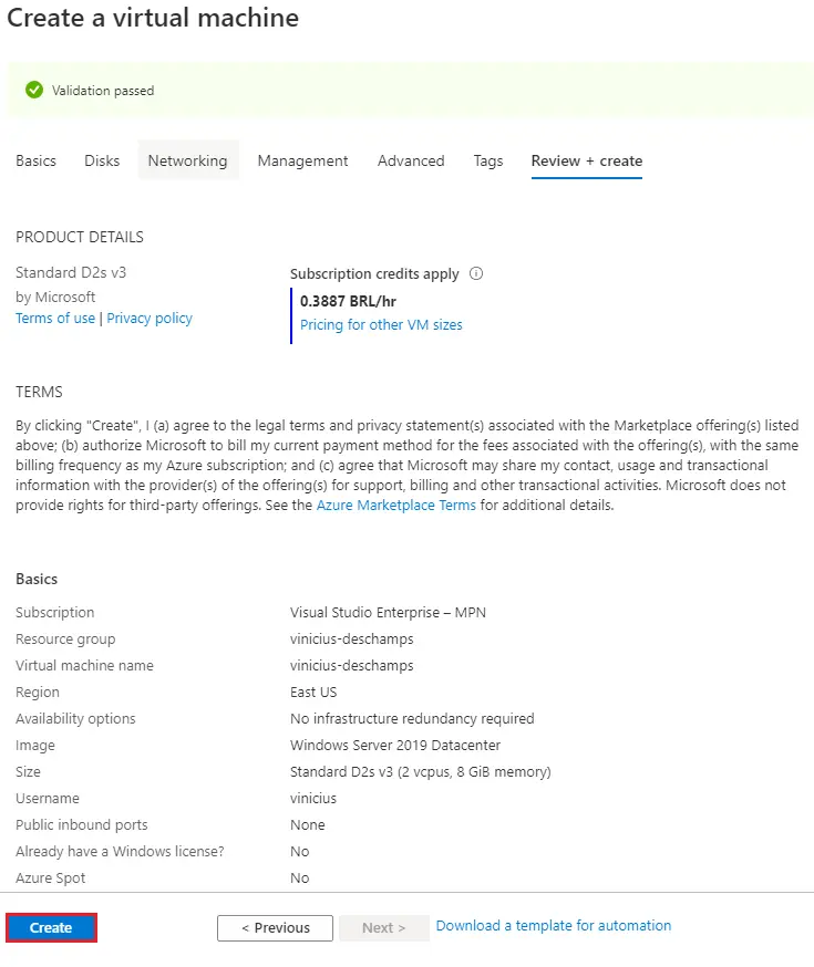 azure create a virtual machine review create create blog vinicius deschamps