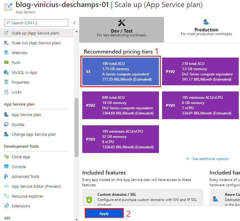 azure app service scale up app service plan s1 apply blog vinicius deschamps