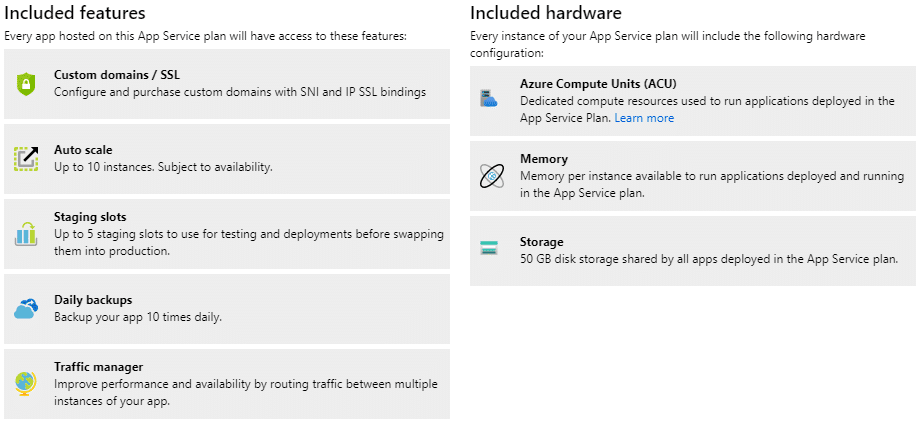 azure app services settings scale up app service plan included features s1 blog vinicius deschamps