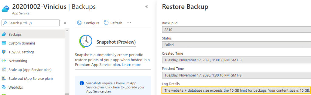 azure app service backups restore backup log details blog vinicius deschamps