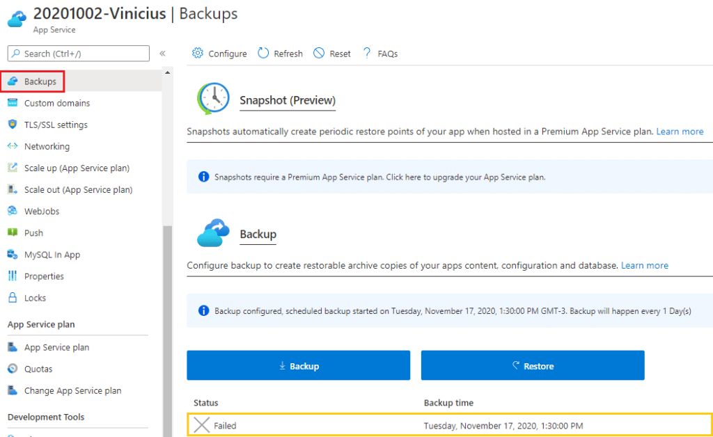 azure app service backups status failed blog vinicius deschamps