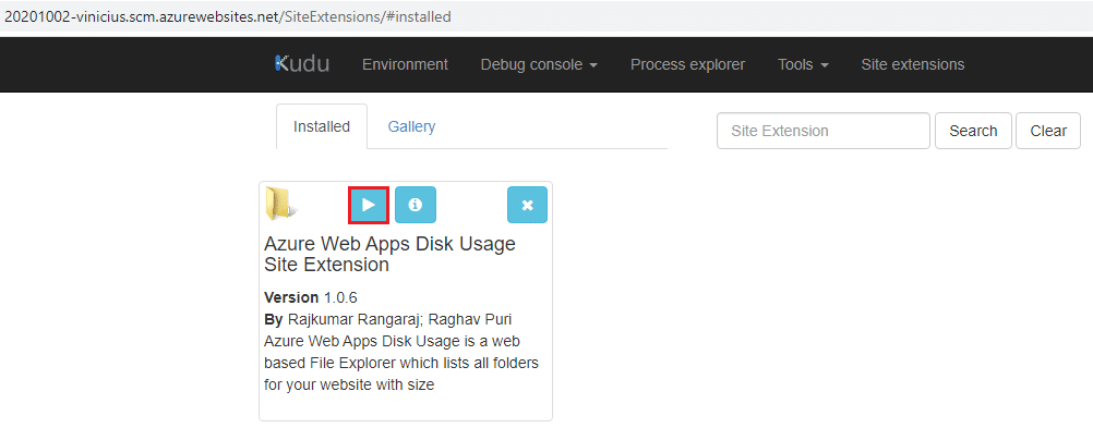 azure app service kudu site extensions azure web apps disk usage site extension execute blog vinicius deschamps