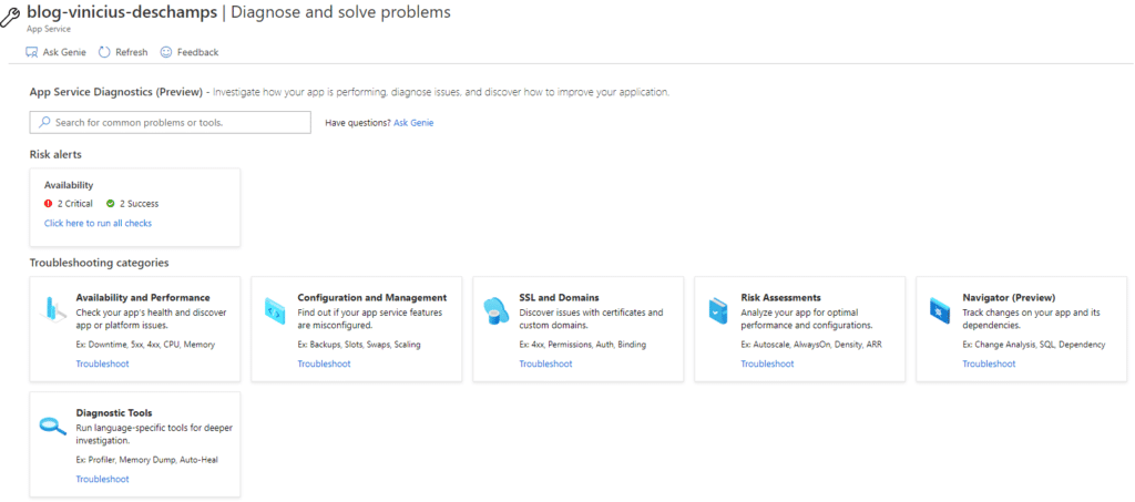 azure app services diagnose and solve problems overview blog vinicius deschamps